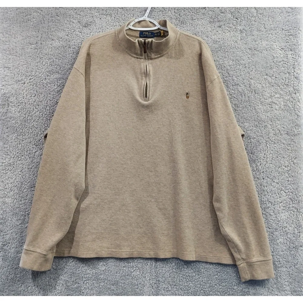 Polo Ralph Lauren Sweater Men's 2XLT Tan Estate Rib 1/4 Zip Cotton Pullover